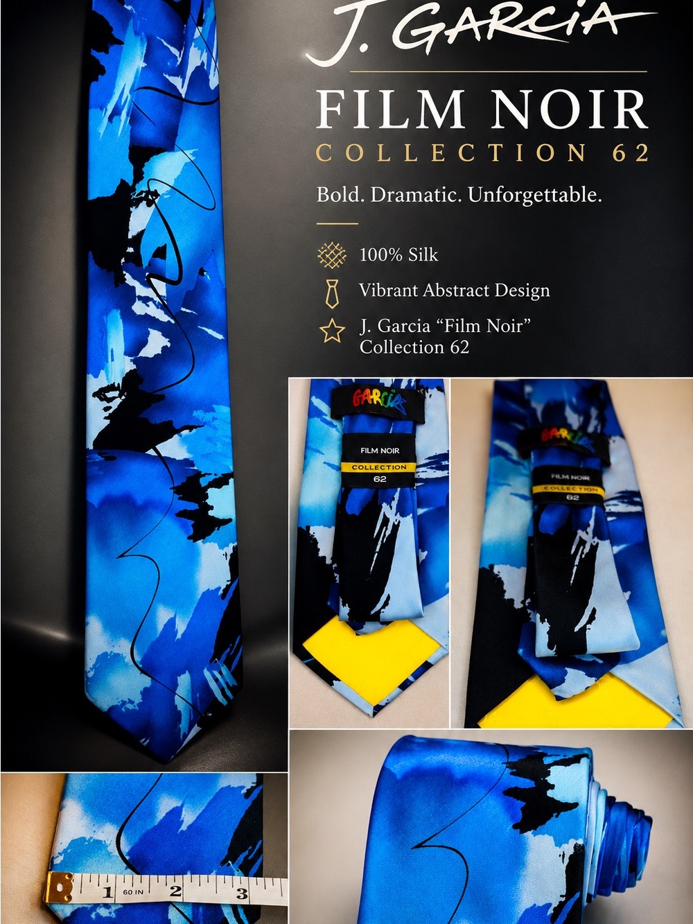 J. Garcia Blue and Black Abstract Silk Tie